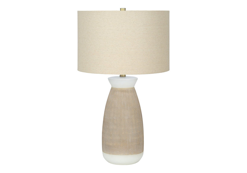 Ceramic Round Table Lamp With Beige Drum Shade - Brown And White