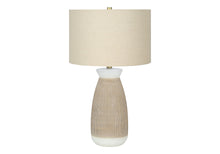Load image into Gallery viewer, Ceramic Round Table Lamp With Beige Drum Shade - Brown And White
