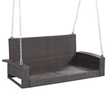 Load image into Gallery viewer, GO 2-Person Wicker Hanging Porch Swing with Chains, Cushion, Pillow, Rattan Swing Bench for Garden, Backyard, Pond. (Brown Wicker, Beige Cushion)
