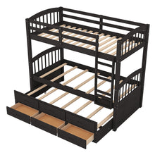 Load image into Gallery viewer, Twin over Twin Wood Bunk Bed with Trundle and Drawers, Espresso
