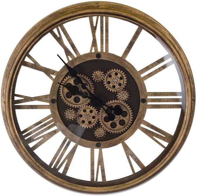 Silent Skeleton Exposed Gear Round Wall Clock (626340) - Antiqued Gold / Black