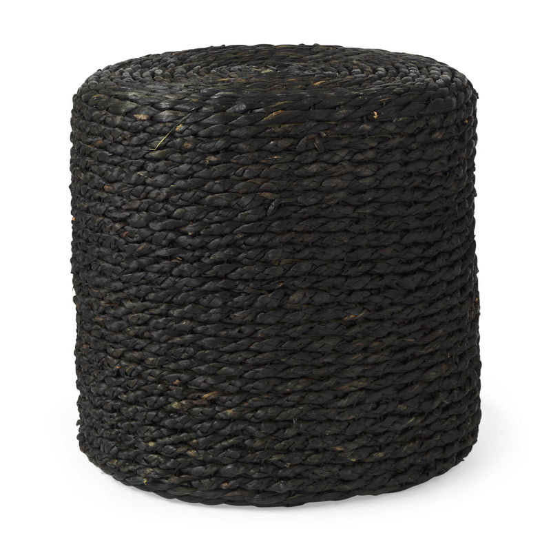 18" Water Hyacinth Round Pouf Ottoman - Black