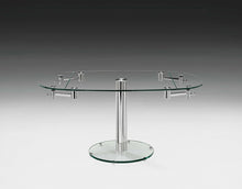 Load image into Gallery viewer, 40" Clear and Silver Glass and Metal Self-Storing Leaf Motion Extendable Dining Table

