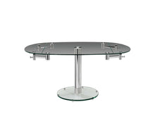 Load image into Gallery viewer, 40" Clear and Silver Glass and Metal Self-Storing Leaf Motion Extendable Dining Table
