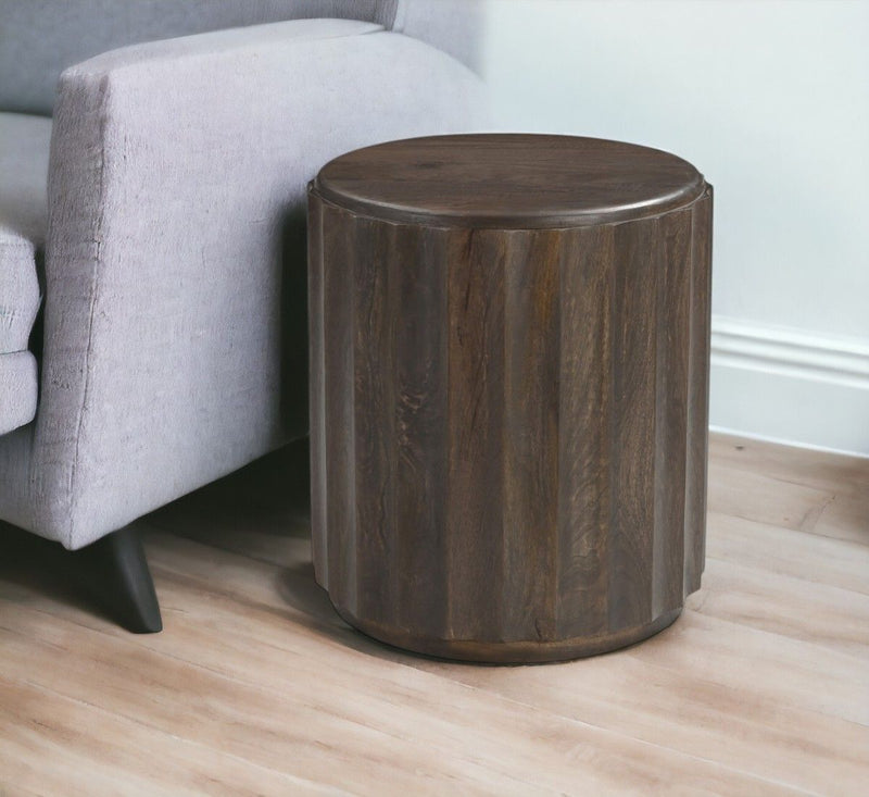 23" Distressed Solid Wood Round Scalloped Drum End Table - Brown