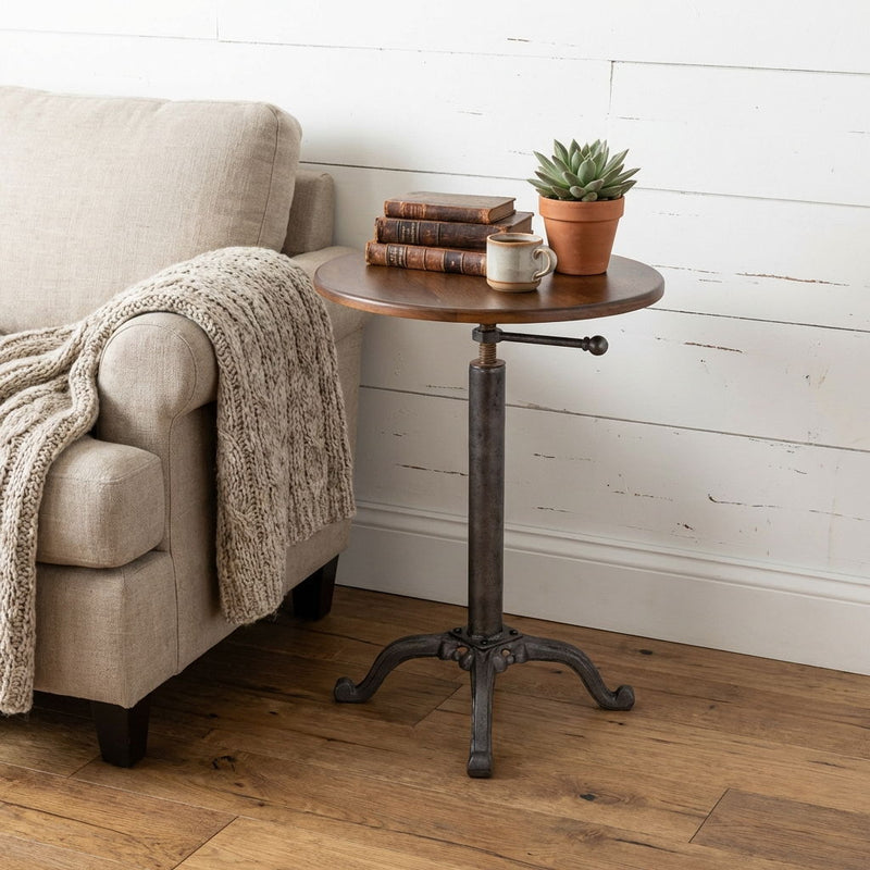 Industrial Solid Wood Round End Table - Chestnut