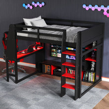 Load image into Gallery viewer, Gaming Loft Bed With Desk, Multi Storage Shelves, LED Lighting, And Hanging Clothes Rack
