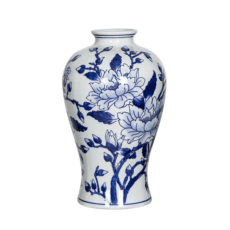Floral Chinoiserie Round Porcelain Table Vase - Blue / White