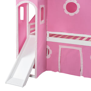 Twin Size Bunk Bed with Slide Pink Tent and Tower - Pink