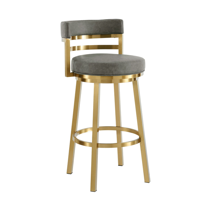 26" Faux Leather And Stainless Steel Low Back Counter Height Swivel Bar Chair - Gray / Gold