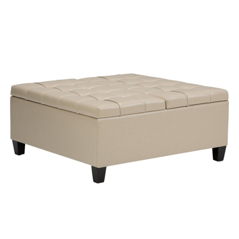 Leather Cocktail Ottoman With Storage - Cream / Espresso