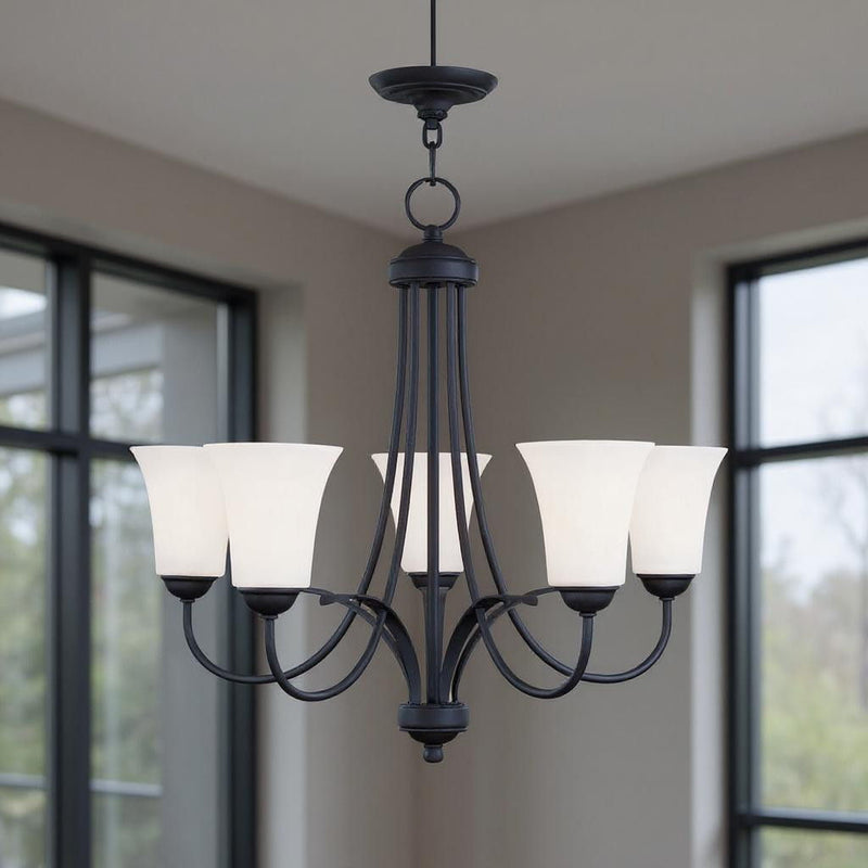 22" Five Light Dimmable Chandelier With Shades - Black