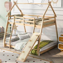 Load image into Gallery viewer, Twin over Queen House Bunk Bed with Climbing Nets and Climbing Ramp, Natural
