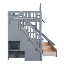 Load image into Gallery viewer, Twin-Over-Twin Castle Style Bunk Bed with 2 Drawers 3 Shelves and Slide - Gray
