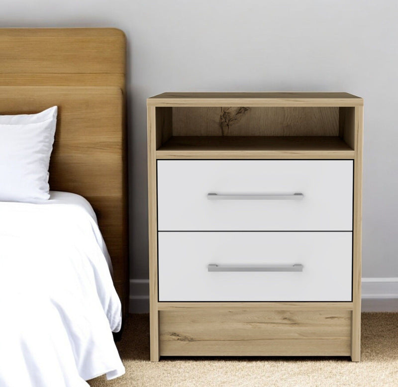 20" Wood Two Drawer Nightstand - White / Natural