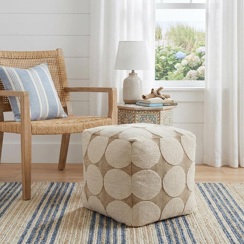 Cotton Blend Geometric Cube Pouf Ottoman - Beige Khaki And Natural