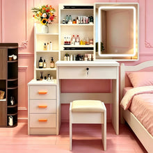 Load image into Gallery viewer, Vanity Set With LED Mirror, Storage Dressing Table &amp; Cushioned Stool - Cream White
