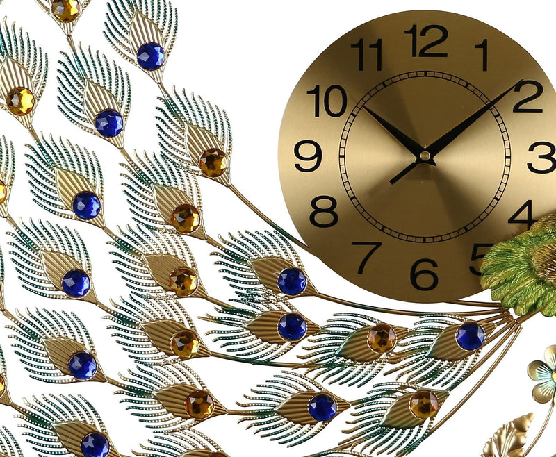 Silent Analog Peacock Novelty Wall Clock (626366) - Gold / Blue / Green