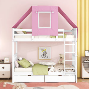 Twin Over Twin Bunk Bed Wood Bed with Tent and Drawers, White+Pink Tent