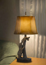 Load image into Gallery viewer, Bears After the Honey Table Lamp With Brown Faux Leather Shade - Bronze
