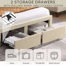 Load image into Gallery viewer, Full Size Bed Frame with 2 Storage Drawers, Upholstered Bed Frame with Wingback Headboard Storage Shelf Built-in USB Charging Stations and Strong Wood Slats Support, No Box Spring Needed, Beige
