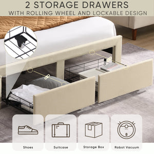 Queen Size Bed Frame with 2 Storage Drawers, Upholstered Bed Frame with Wingback Headboard Storage Shelf Built-in  USB Charging Stations and Strong Wood Slats Support, No Box Spring Needed, Beige