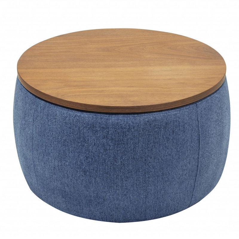26" Fabric And Wood Reversible Tray Top Round Storage Ottoman - Navy Blue