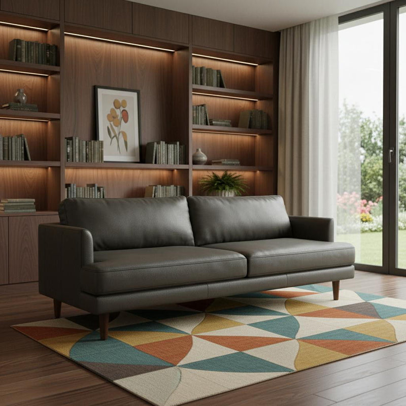 90" Leather Sofa With Brown Legs - Black