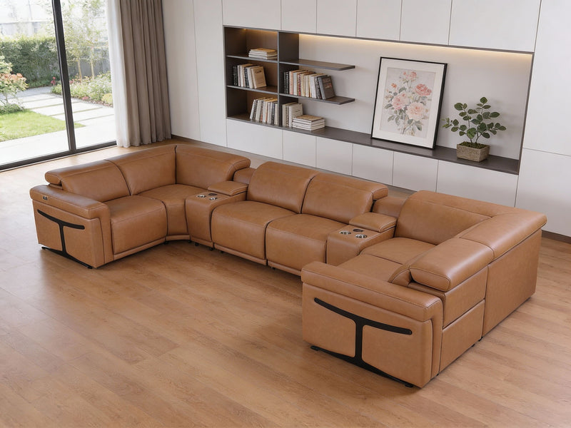 Leather Power Reclining U Shaped 8 Piece Corner Sectional With Console - Chestnut