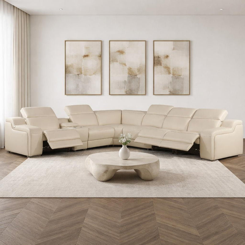 Italian Leather Power Reclining Curved 7 Piece Corner Sectional With Console - Beige