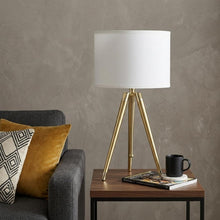 Load image into Gallery viewer, Gold Metal Adjustable Height Tripod Table Lamp With White Drum Shade
