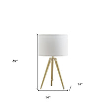 Load image into Gallery viewer, Gold Metal Adjustable Height Tripod Table Lamp With White Drum Shade

