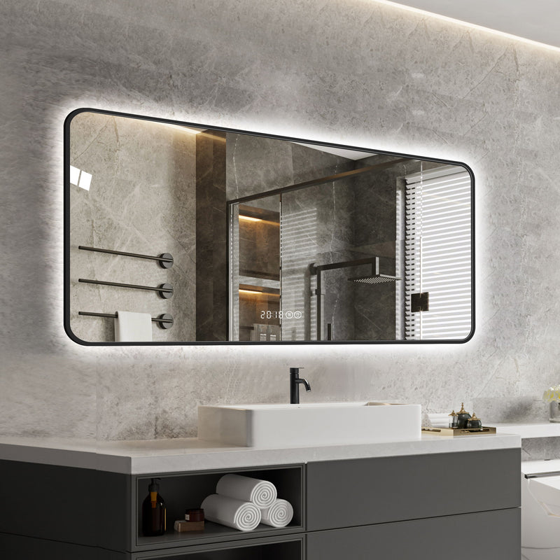 47" Aluminum Round Lighted Framed Bathroom Vanity Mirror - Black