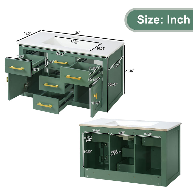 Wall Mounted Bathroom Cabinet With Sink, Multiple Drawers And Doors - Green