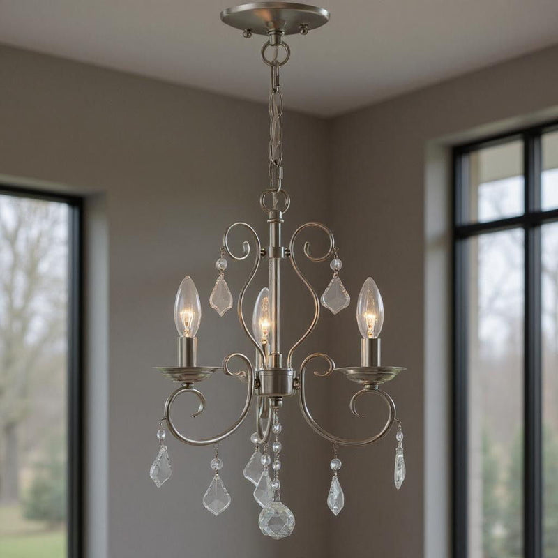 17'' Three-Light Dimmable Chandelier With Shades - Nickel / Pearl Silver