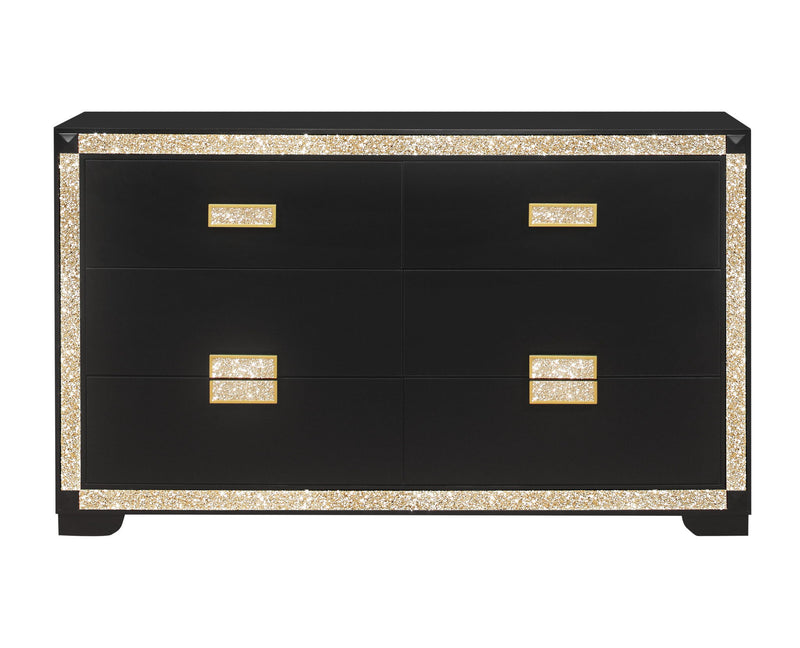 62" Faux Crystal Bling Wood Six Drawer Double Dresser - Black And Gold