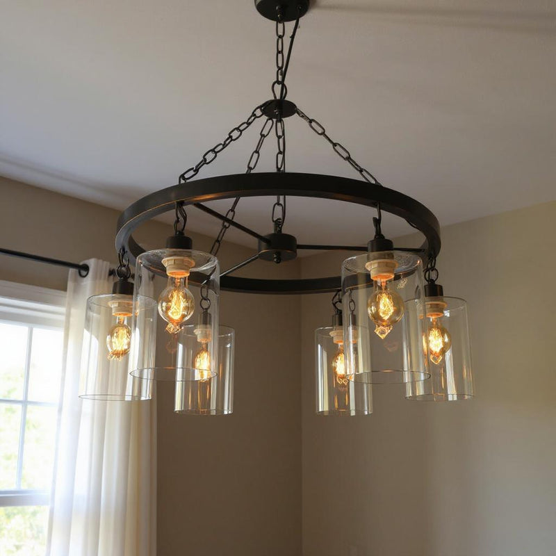 Shaded Six Light Metal Transparent Glass Chandelier With Shades - Black