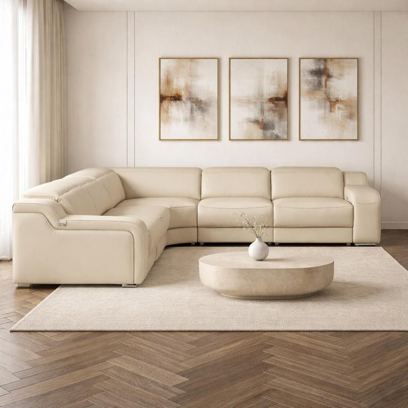 Italian Leather Power Reclining Curved Five Piece Corner Sectional - Beige
