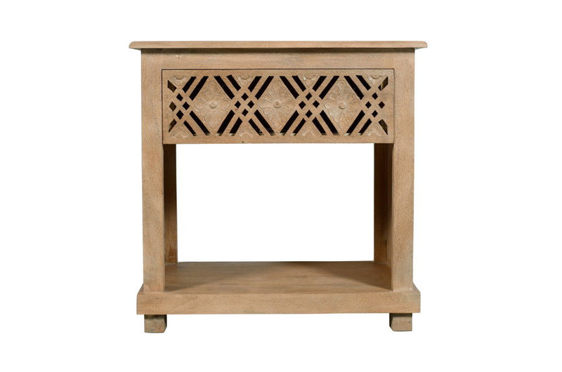 Solid Wood Carved Geometric One Drawer Nightstand - Natural