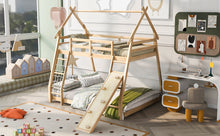 Load image into Gallery viewer, Twin over Queen House Bunk Bed with Climbing Nets and Climbing Ramp, Natural
