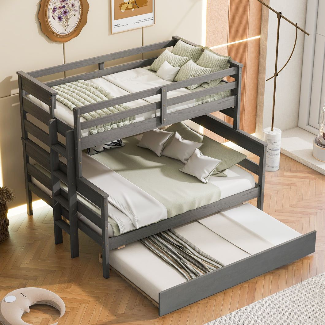 Wood Twin over Full Bunk Bed with Twin Size Trundle, Gray