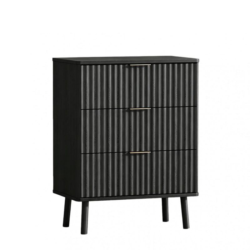 Wood Ribbed Texture Three Drawer Nightstand With USB Port - Black