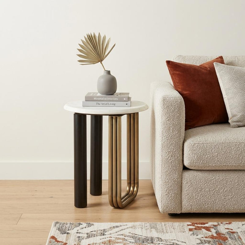 Marble And Iron Round Sled End Table - White Black And Gold