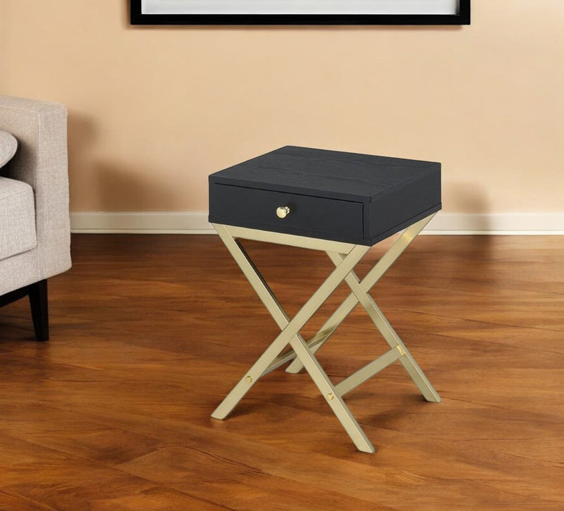 Solid Wood End Table With Drawer - Gold And Black