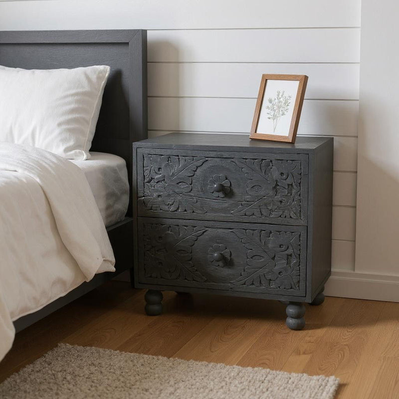 Solid Wood Carved Scrollwork Two Drawer Nightstand - Gray