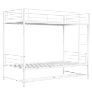 Twin Over Twin Metal Bunk Bed with Shelf and Guardrails, White