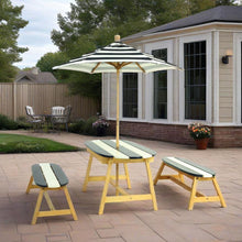 Load image into Gallery viewer, Naturally Playful Kids Picnic Table With Umbrella, Indoor / Outdoor Fun - Blue / White Stripes
