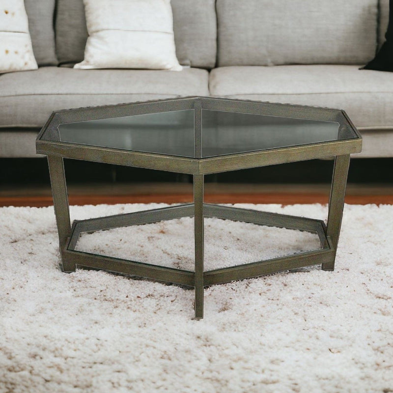 Modern Hexagonal Glass Top Coffee Table - Clear Brown