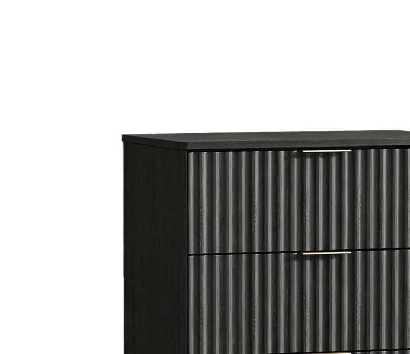 Wood Ribbed Texture Three Drawer Nightstand With USB Port - Black