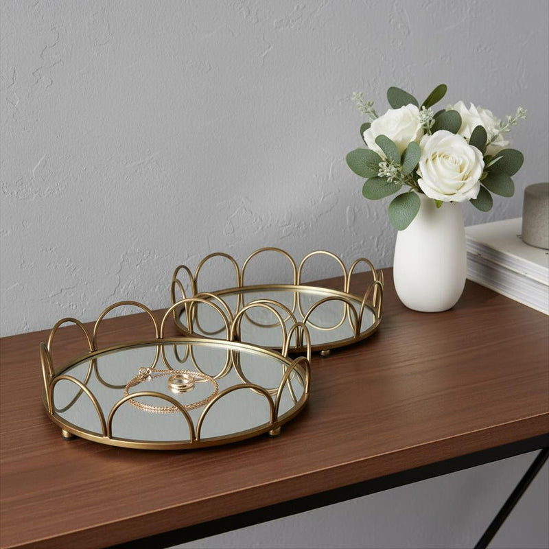 Metal Mirrored Glass Round Vanity Trays (Set of 2) - Antiqued Gold